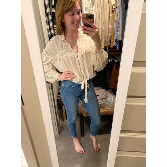 ALEXIS Ivory Cream Crinkle Chiffon Peasant Zip Front Drawstring Hem Posey Top S - Picture 7 of 16